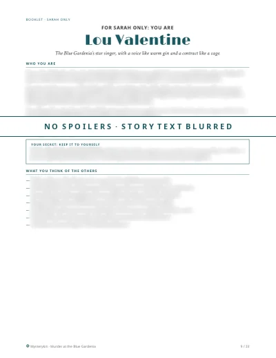 First page of Sarah's character booklet, Lou Valentine, with the story text blurred so it isn't spoiled