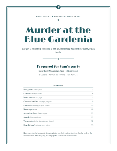 Cover of a sample kit for Murder at the Blue Gardenia: the title, Prepared for Sam's party, 8 guests, and the contents list