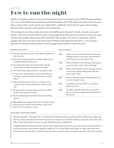 First page of the host guide: an overview of the night, a before-the-party checklist and the timeline