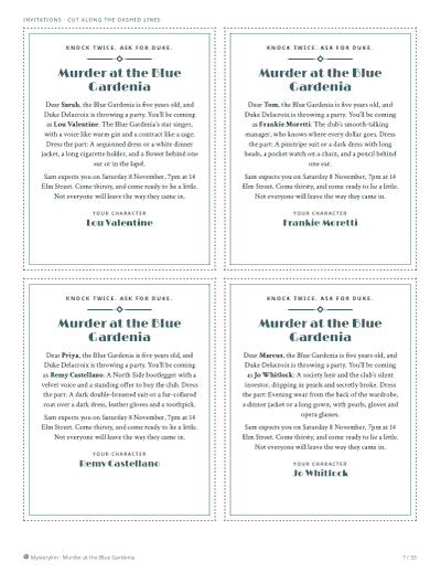 A sheet of four invitations for the example guests Sarah, Tom, Priya and Marcus, each with their character